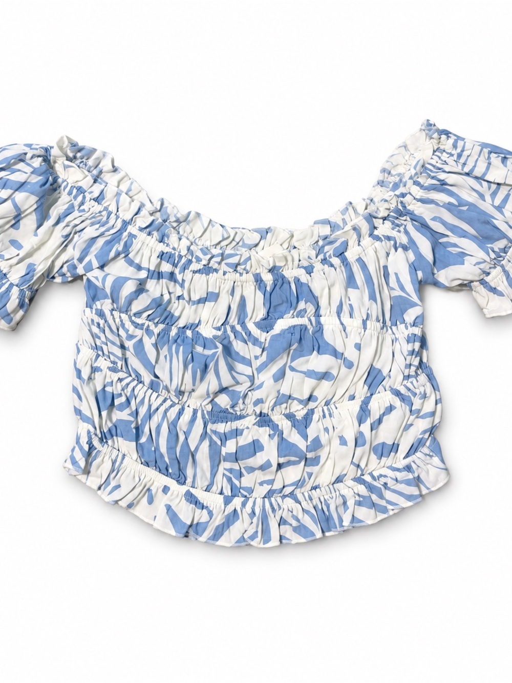 Off-Shoulder Blue & White Smocked Crop Top
